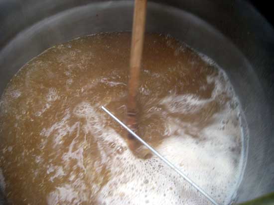 Cooking and stirring the grain mix. -- 